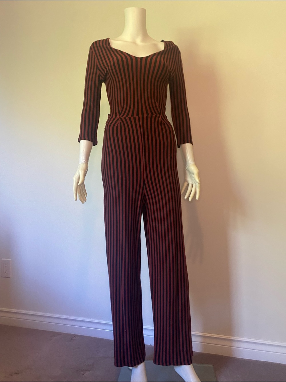 Bershka Burgundy & Black Vertical-Stripe Wide-Leg Jumpsuit